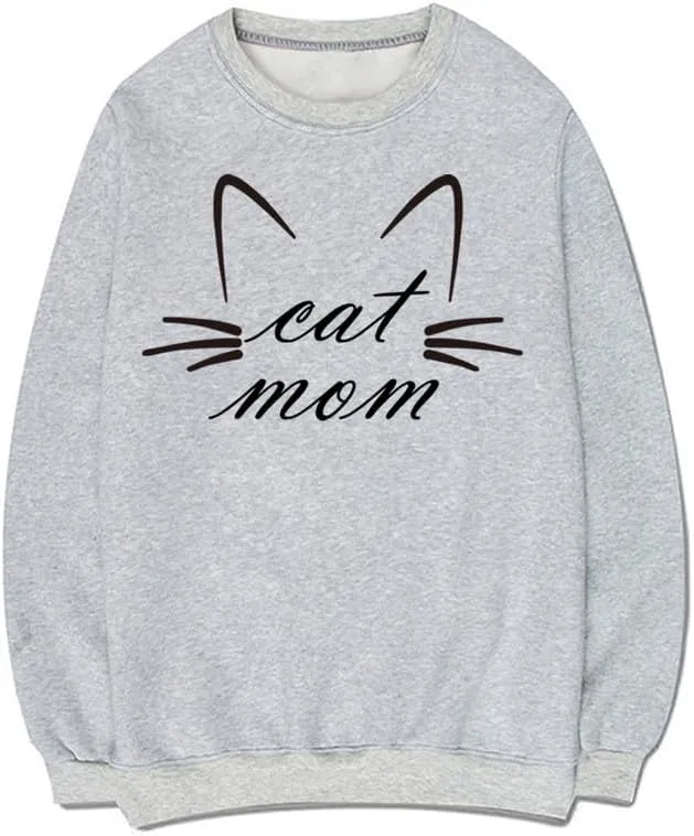 CORIRESHA Funny Cat Face Round Neck Long Sleeve Soft Cotton Cute Pullover Sweatshirt