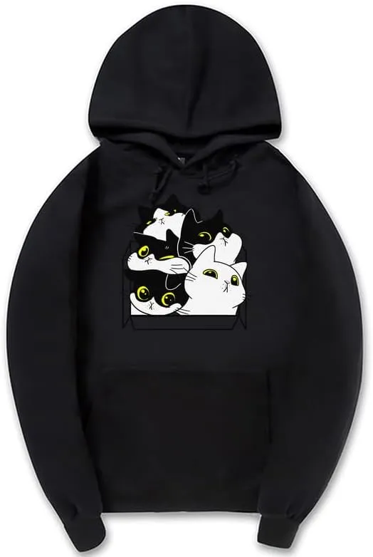 CORIRESHA Unisex Cute Cat Box Hoodie Long Sleeve Drawstring Pocket Casual Sweatshirt