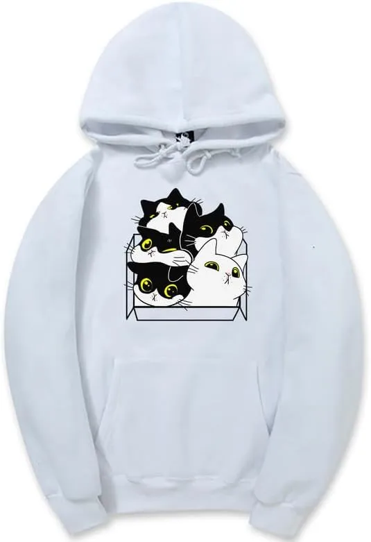 CORIRESHA Unisex Cute Cat Box Hoodie Long Sleeve Drawstring Pocket Casual Sweatshirt