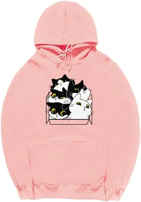 CORIRESHA Unisex Cute Cat Box Hoodie Long Sleeve Drawstring Pocket Casual Sweatshirt