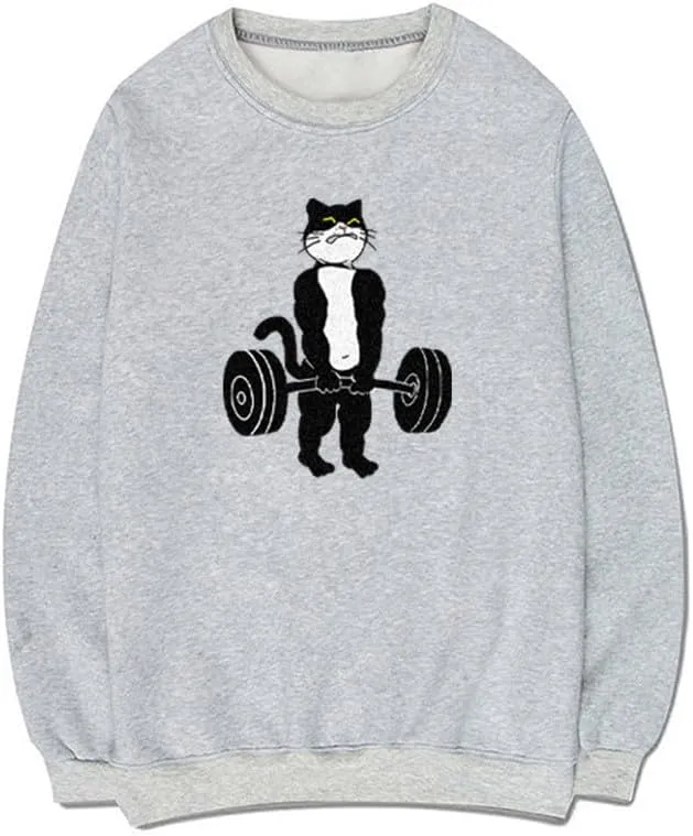 CORIRESHA Unisex Weightlifting Cat Sweatshirt Crewneck Long Sleeve Casual Fall Pullover