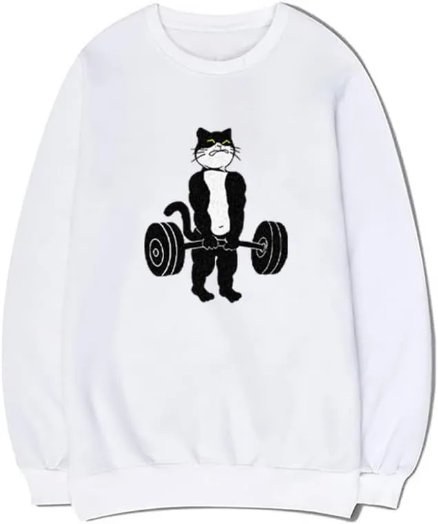 CORIRESHA Unisex Weightlifting Cat Sweatshirt Crewneck Long Sleeve Casual Fall Pullover