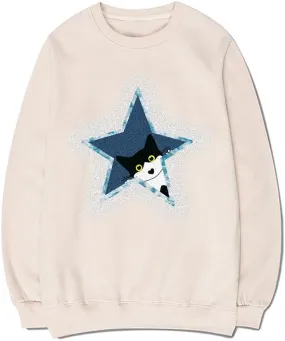 CORIRESHA Vintage Star Sweatshirt Crewneck Long Sleeve Drawstring Cotton Cat Pullover