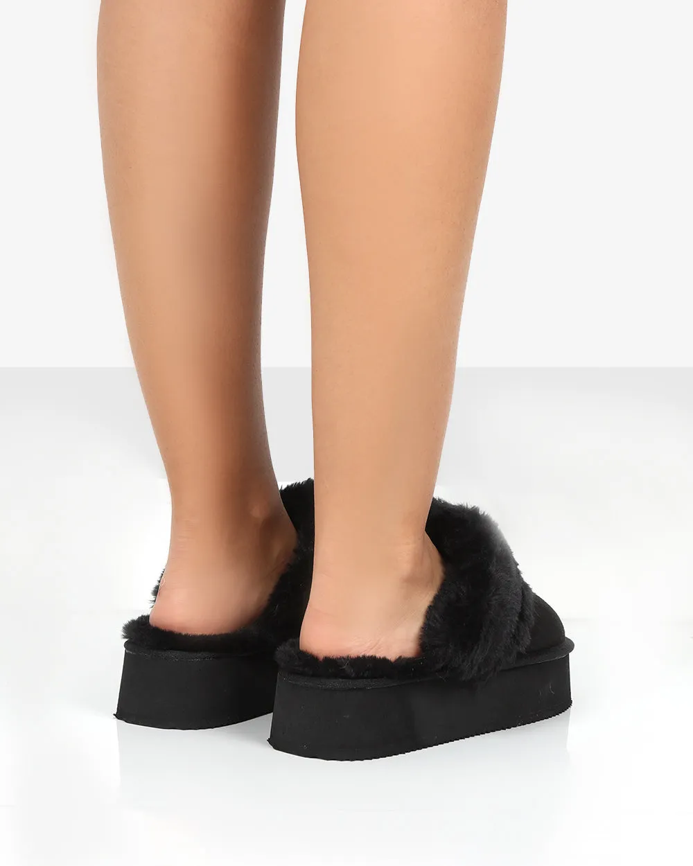 Cosy Black Faux Suede Platform Slider Slipper