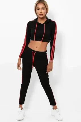 Double Red Stripe Cropped Hoodie Black 2 Piece Tracksuit