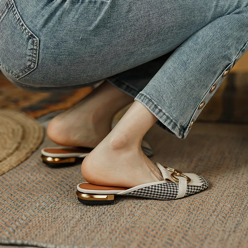 Elin Vintage Plaid Flat Mules-White