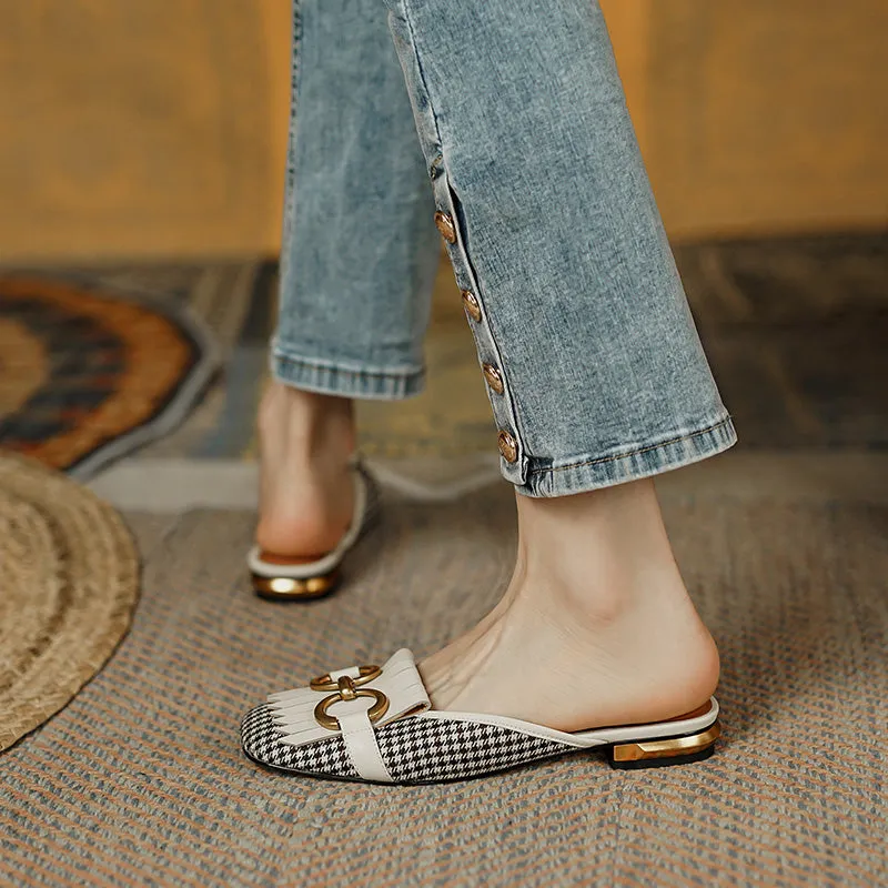 Elin Vintage Plaid Flat Mules-White