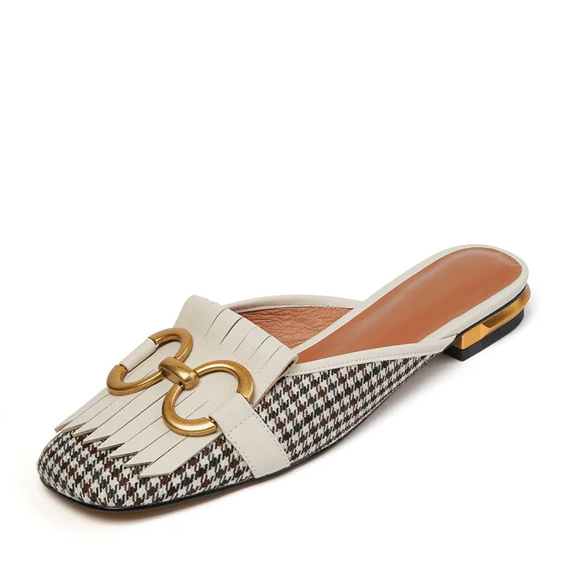 Elin Vintage Plaid Flat Mules-White