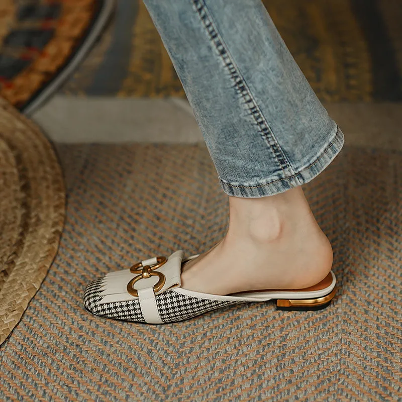 Elin Vintage Plaid Flat Mules-White