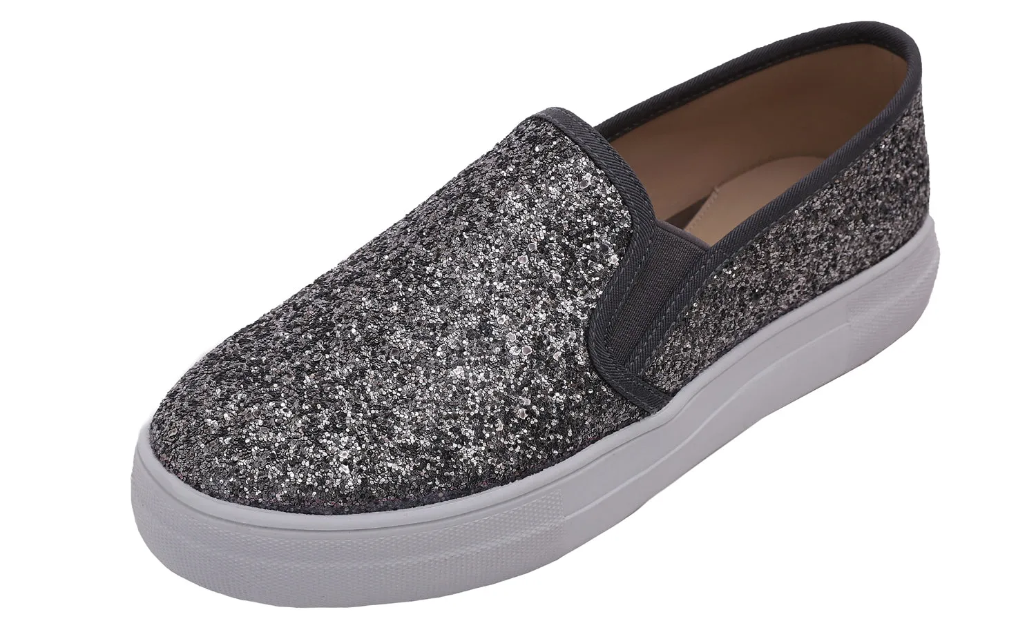 Feversole Women's Glitter Pewter Platform Slip On Sneaker Casual Flat Loafers