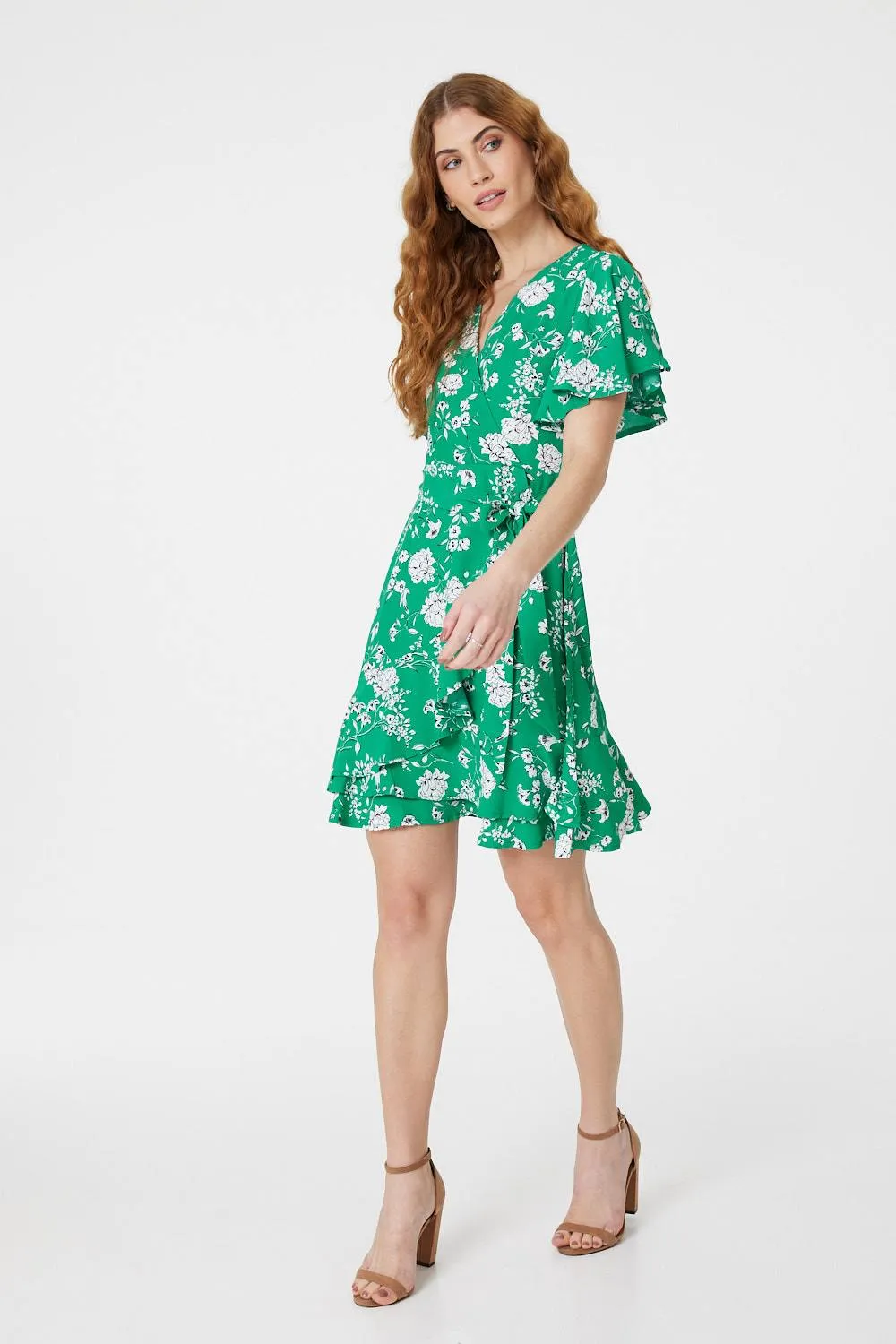 Floral Angel Sleeve Wrap Dress