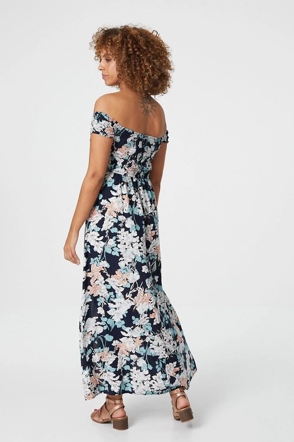 Floral Bardot Shirred Maxi Dress