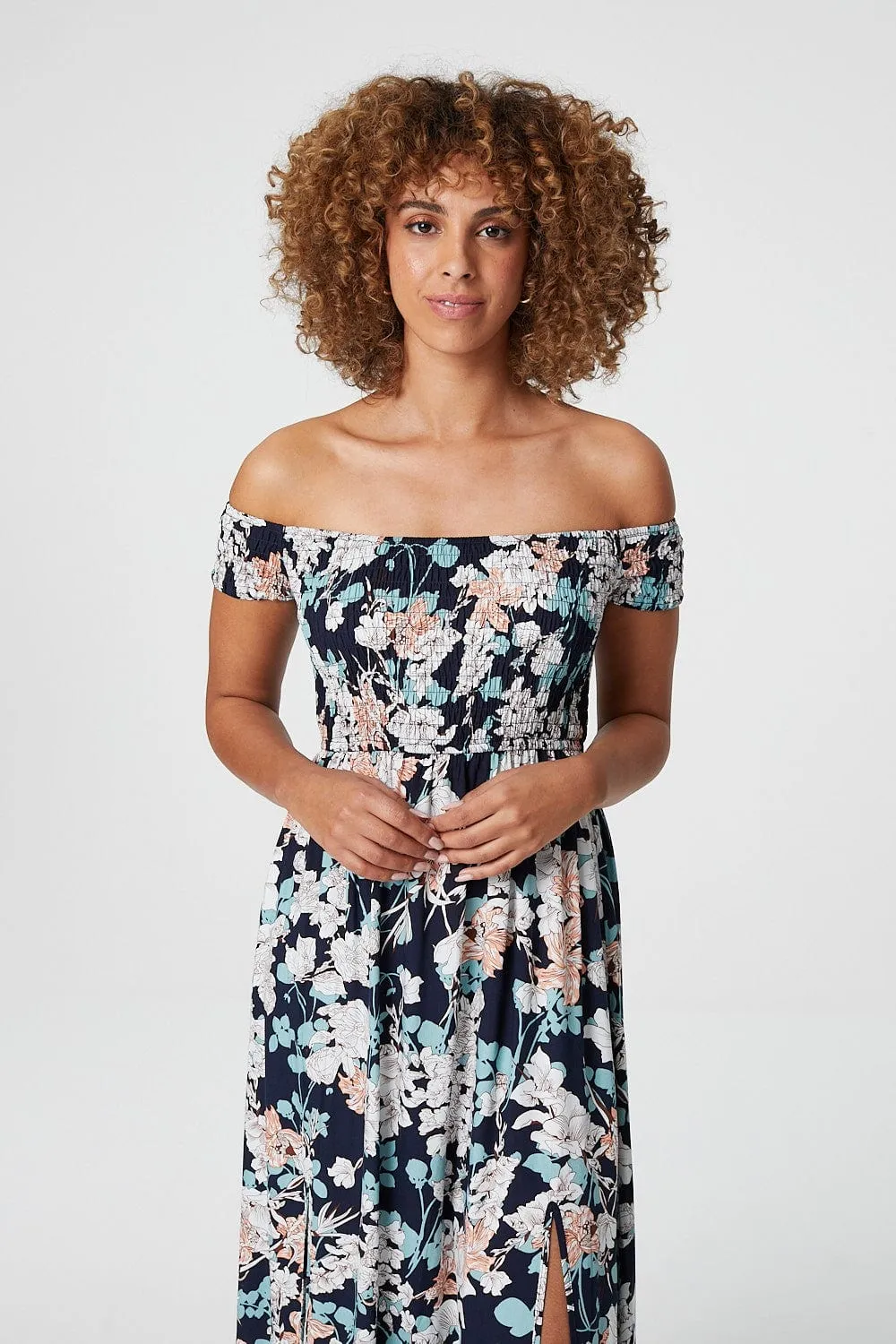 Floral Bardot Shirred Maxi Dress