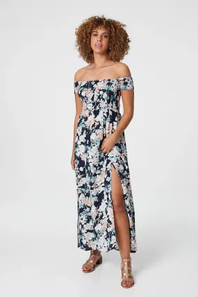 Floral Bardot Shirred Maxi Dress