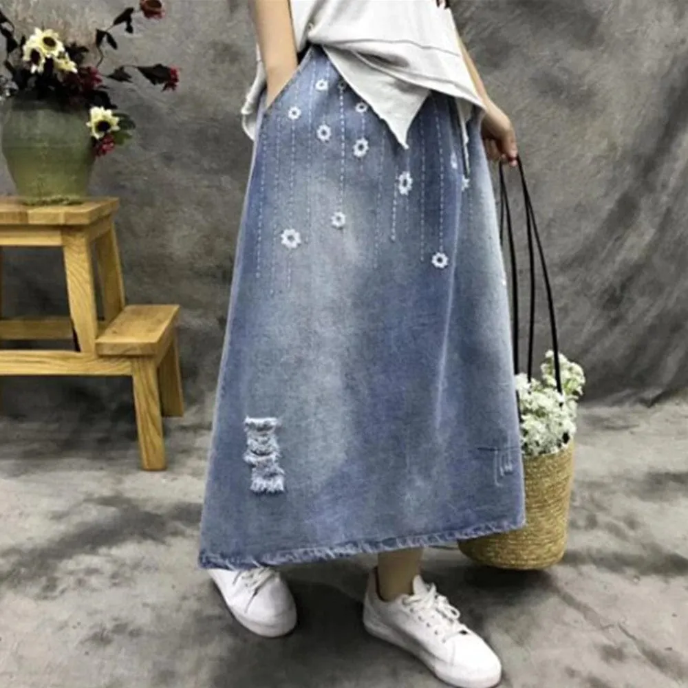 Floral Embroidered Distressed Denim Skirt