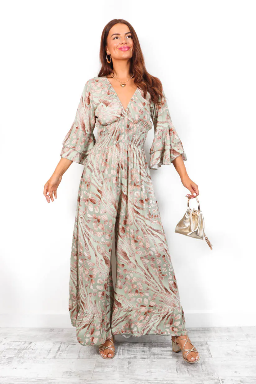 Free Spirited - Olive Beige Leopard Print Wide Leg Jumpsuit