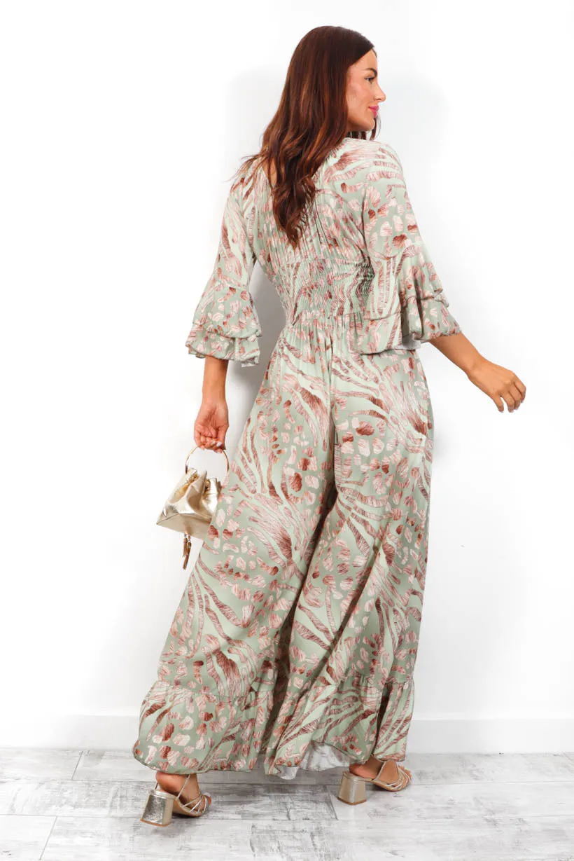 Free Spirited - Olive Beige Leopard Print Wide Leg Jumpsuit