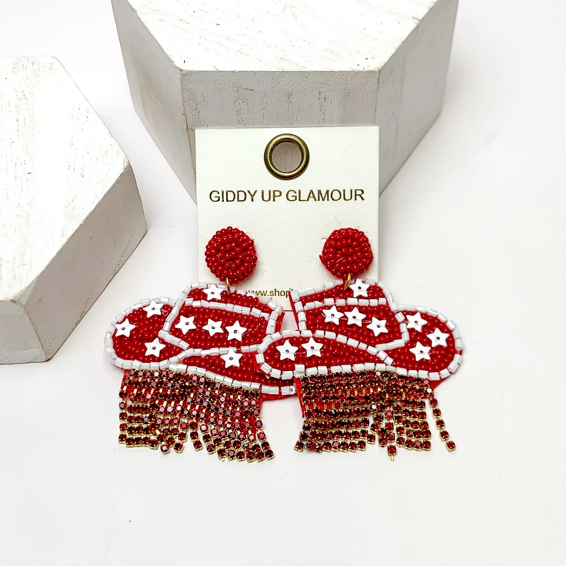 Gameday Beaded Cowboy Hat Earrings with White Crystal Fringe in Maroon and White