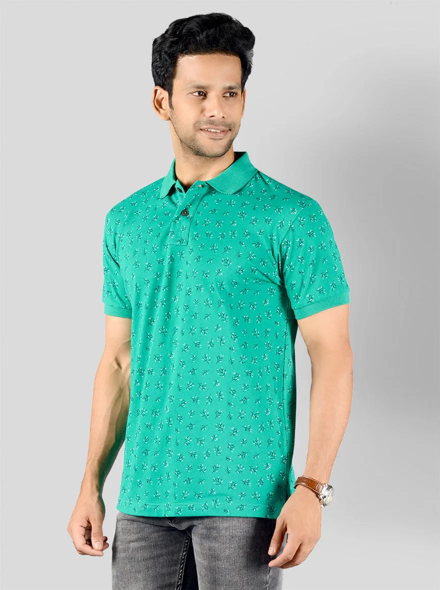 Green Printed Slim Fit Polo T-shirt | Greenfibre