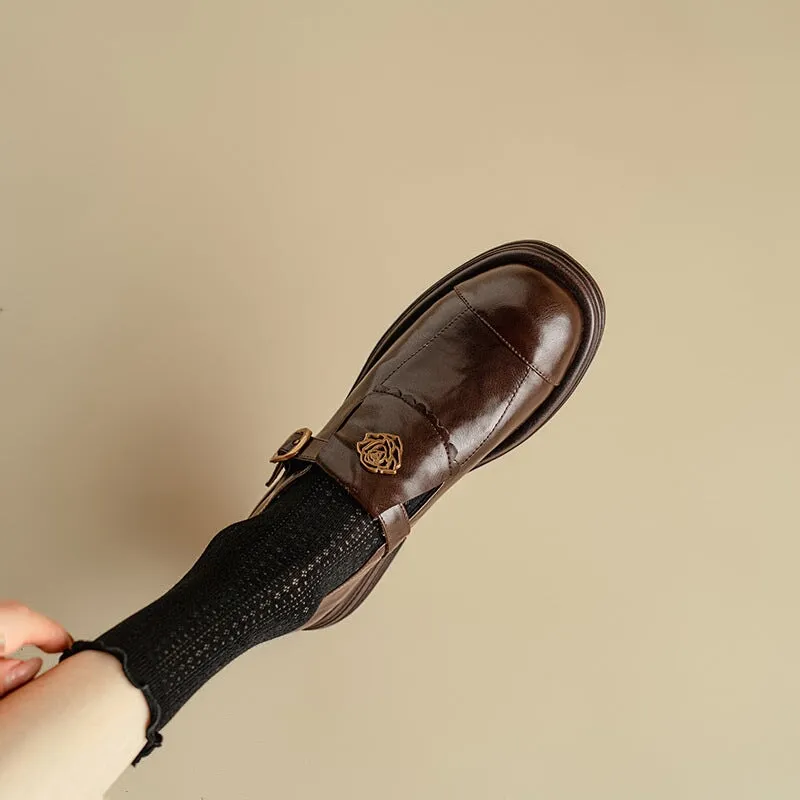 Handmade Leather Round Toe Loafers For Women In Black/Coffee