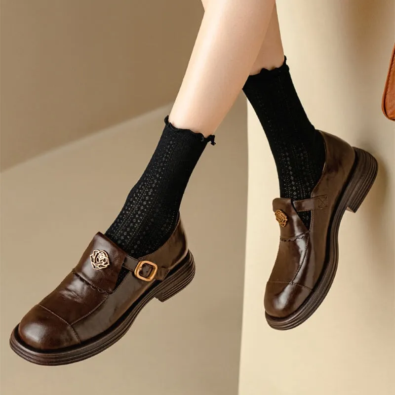 Handmade Leather Round Toe Loafers For Women In Black/Coffee