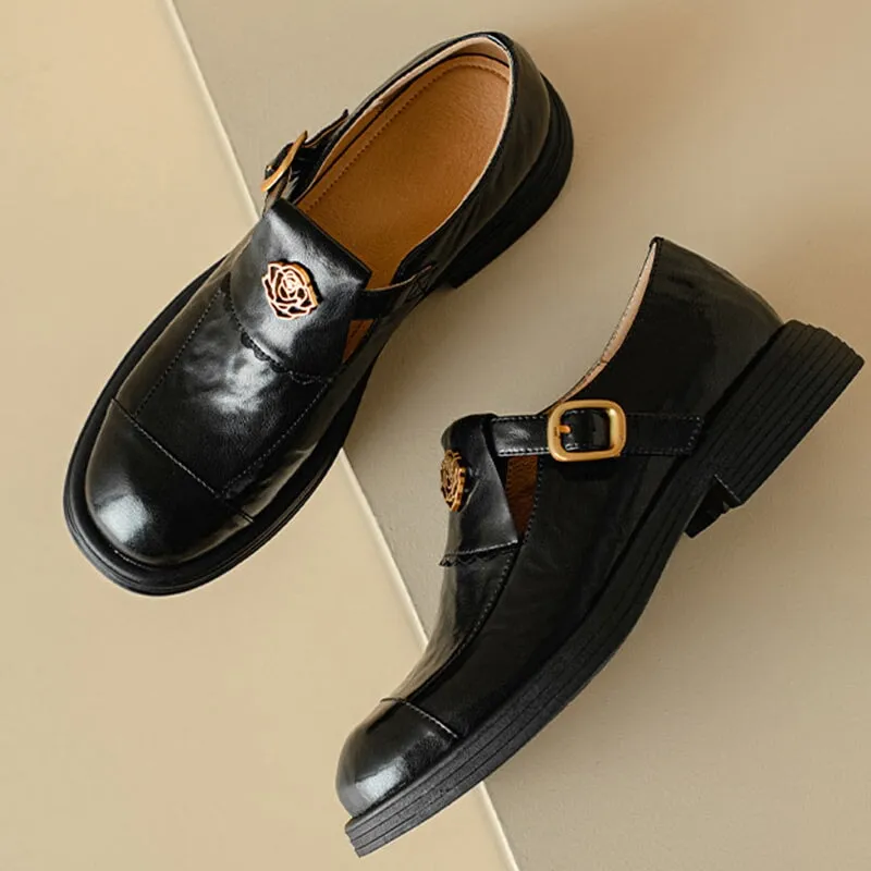 Handmade Leather Round Toe Loafers For Women In Black/Coffee