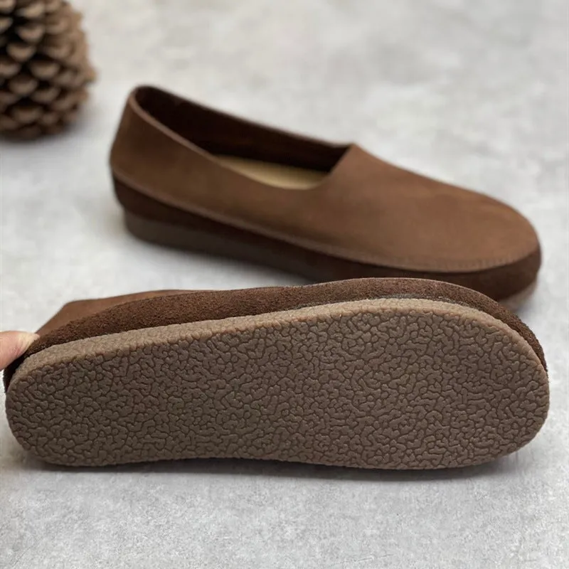 Handmade Retro Soft Leather Flat For Women Slip on Loafers in Coffee/Grey