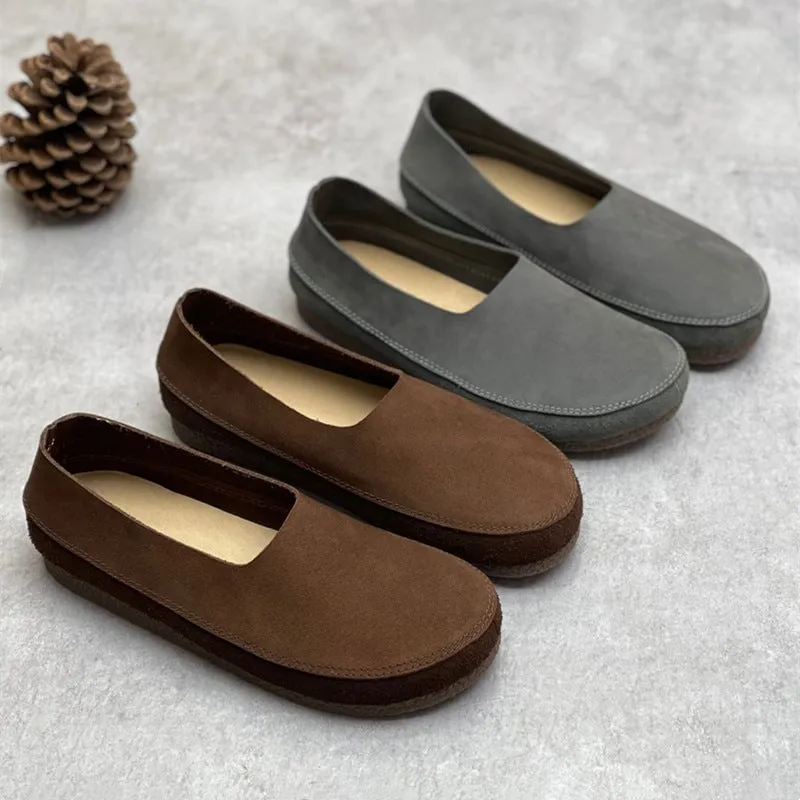 Handmade Retro Soft Leather Flat For Women Slip on Loafers in Coffee/Grey