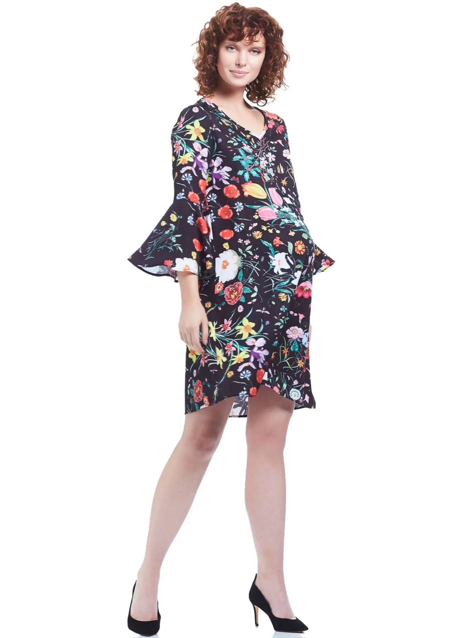 Harper Bell Sleeve Maternity Dress - Black Floral