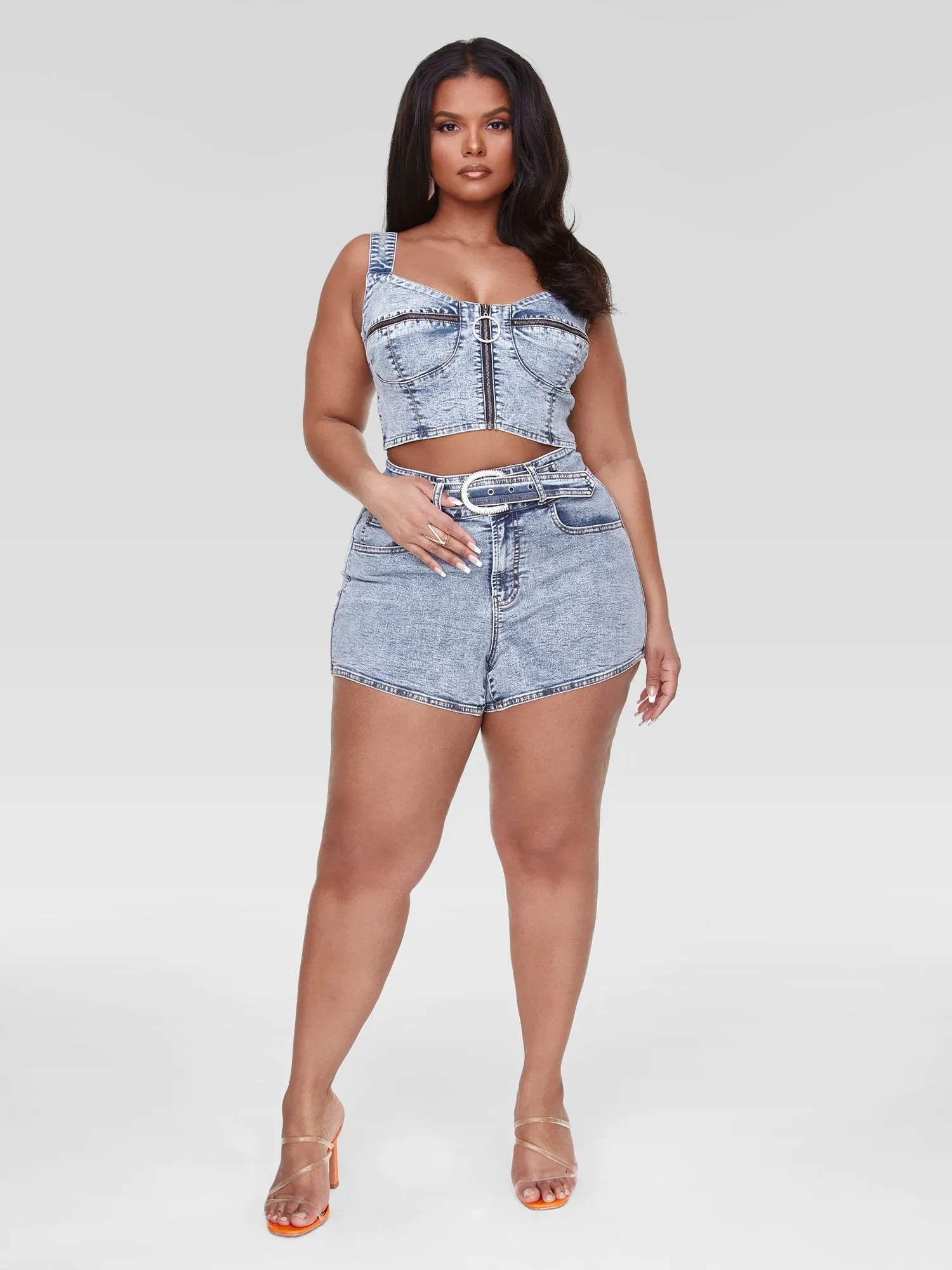 Harper Rhinestone Buckle Denim Shorts