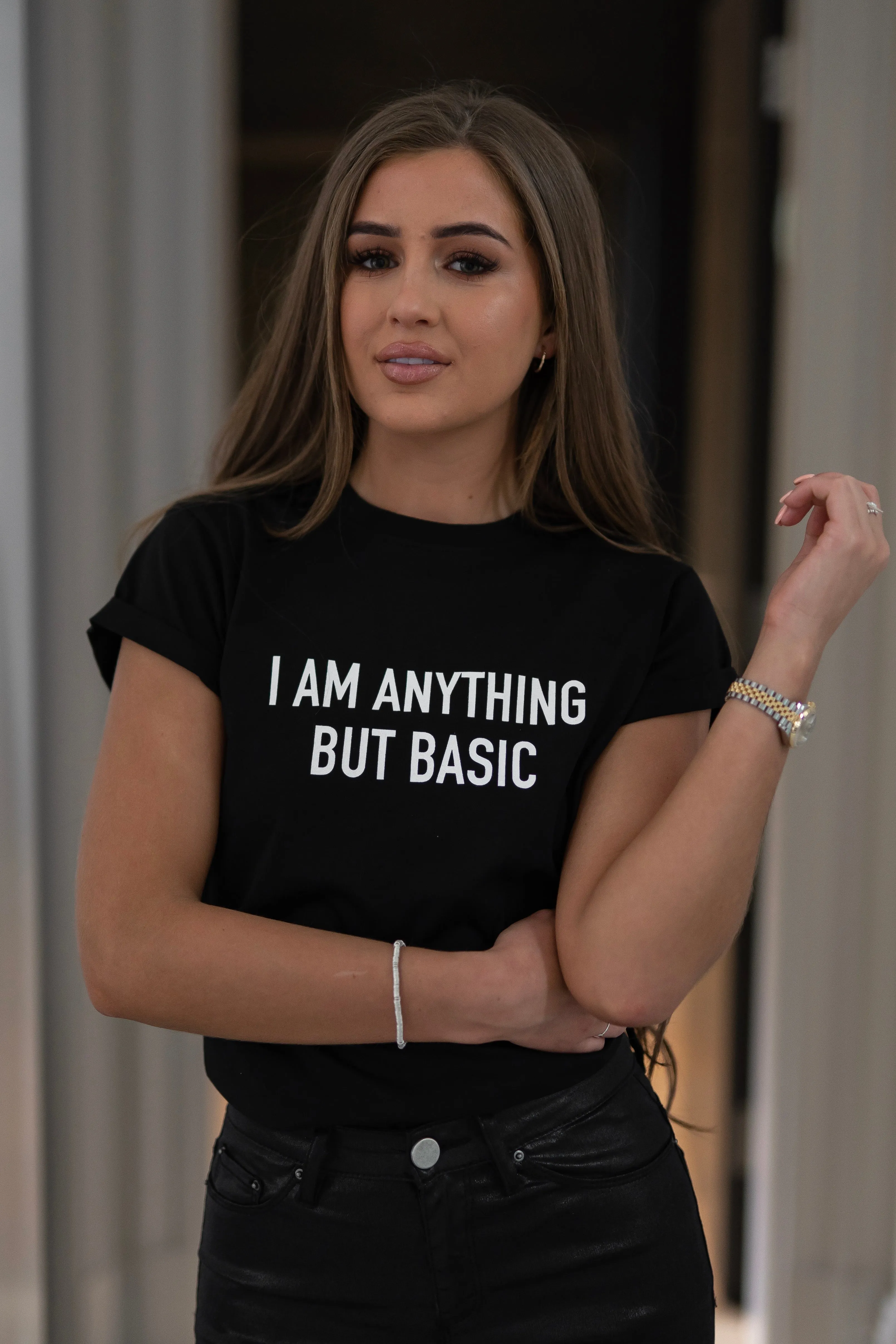 'I'M ANYTHING BUT BASIC' - CT099 BLACK SLOGAN T SHIRT