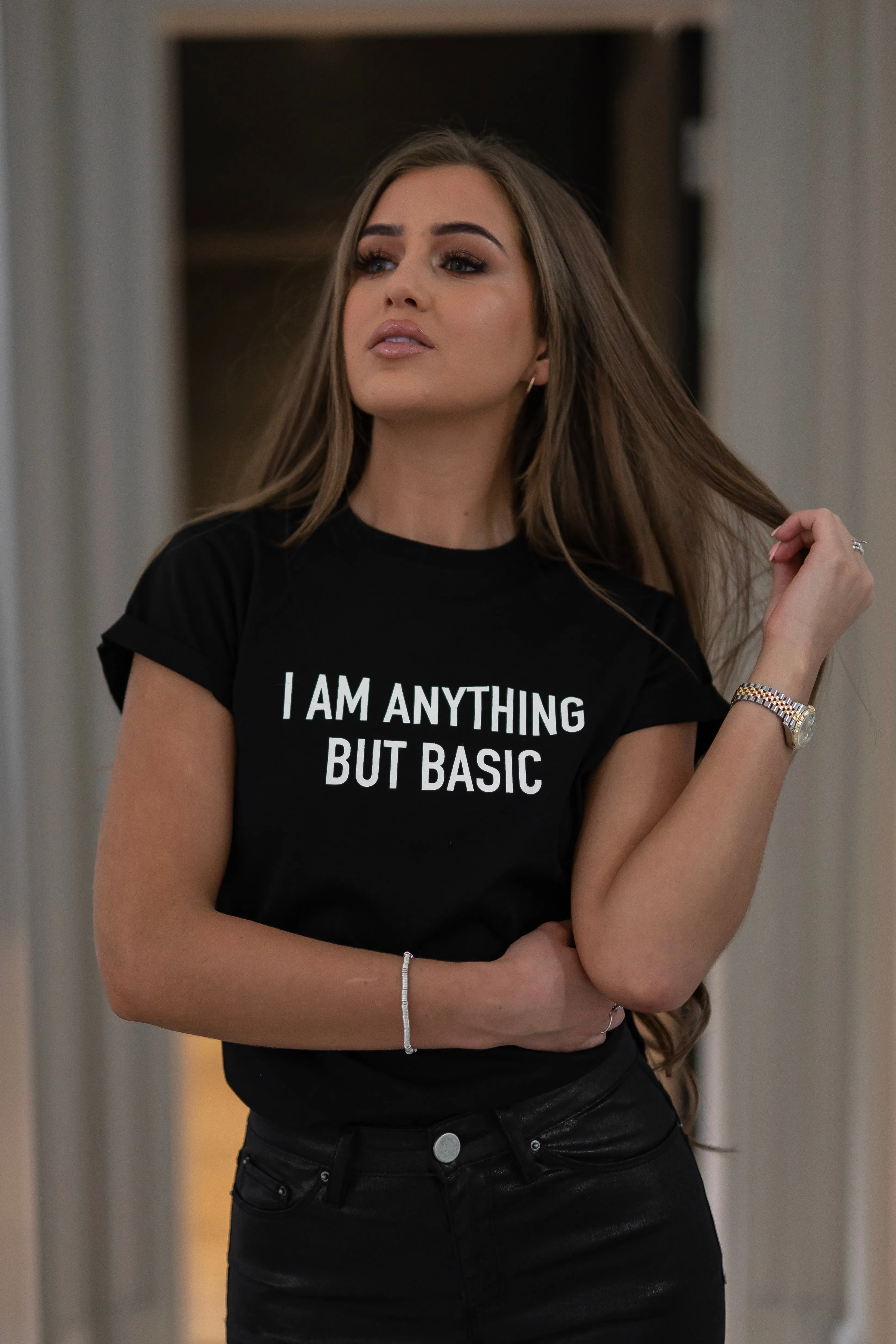 'I'M ANYTHING BUT BASIC' - CT099 BLACK SLOGAN T SHIRT