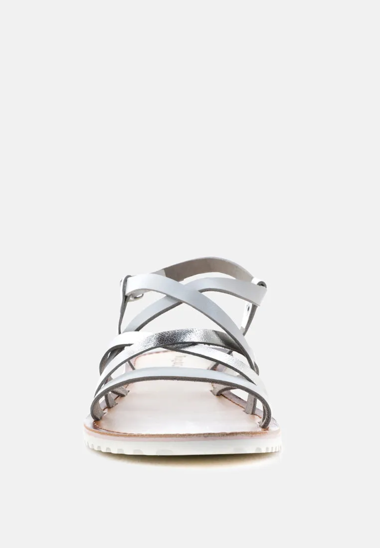 JUNE Silver Strappy Flat Leather Sandals