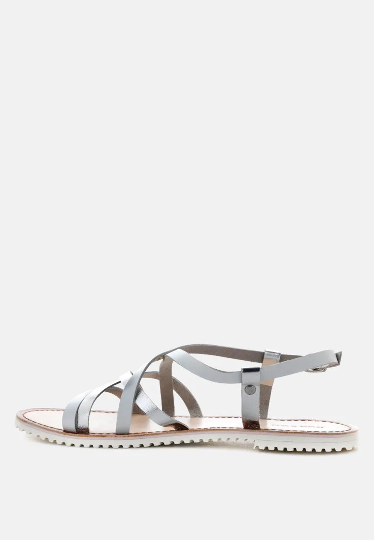 JUNE Silver Strappy Flat Leather Sandals