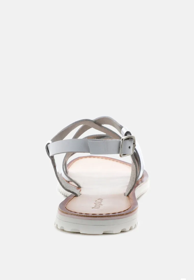 JUNE Silver Strappy Flat Leather Sandals