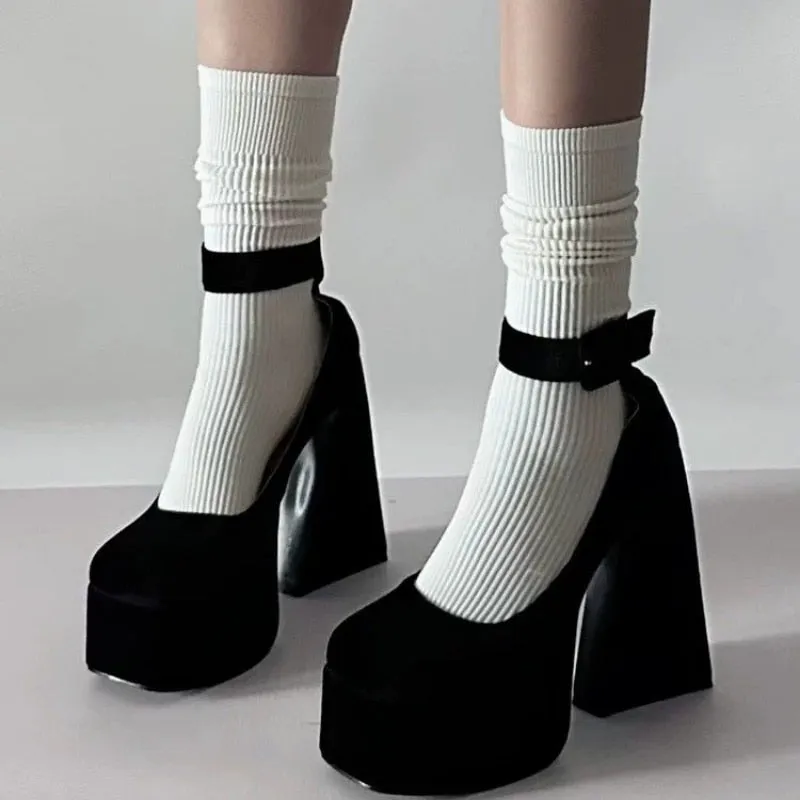 Kawaii Aesthetic Korean Style Black Velvet Chunky High Heel Platform Pumps