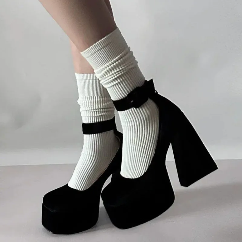 Kawaii Aesthetic Korean Style Black Velvet Chunky High Heel Platform Pumps