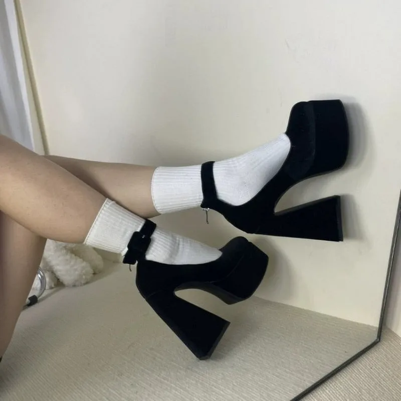 Kawaii Aesthetic Korean Style Black Velvet Chunky High Heel Platform Pumps