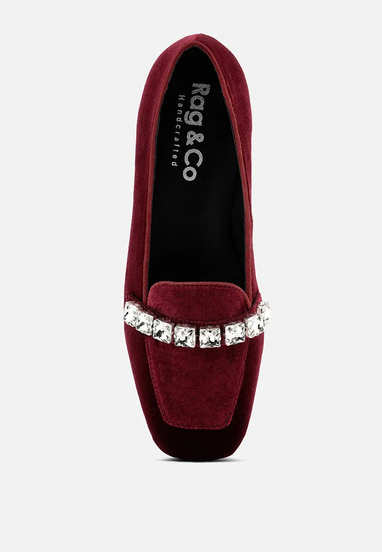 LAMINGTON Diamante Embellished Velvet Loafers in Burgundy