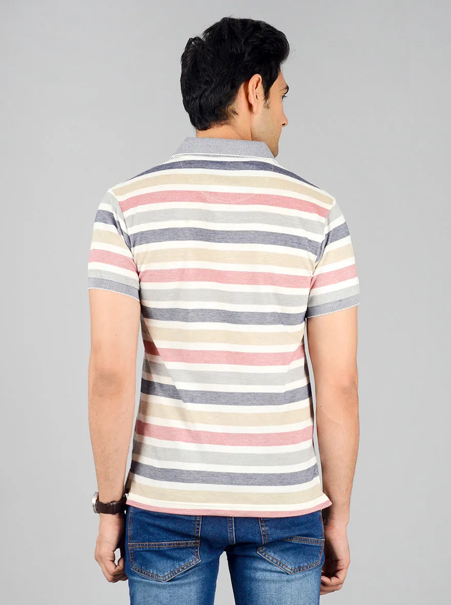 Light Grey Striped Slim Fit Polo T-shirt | Greenfibre