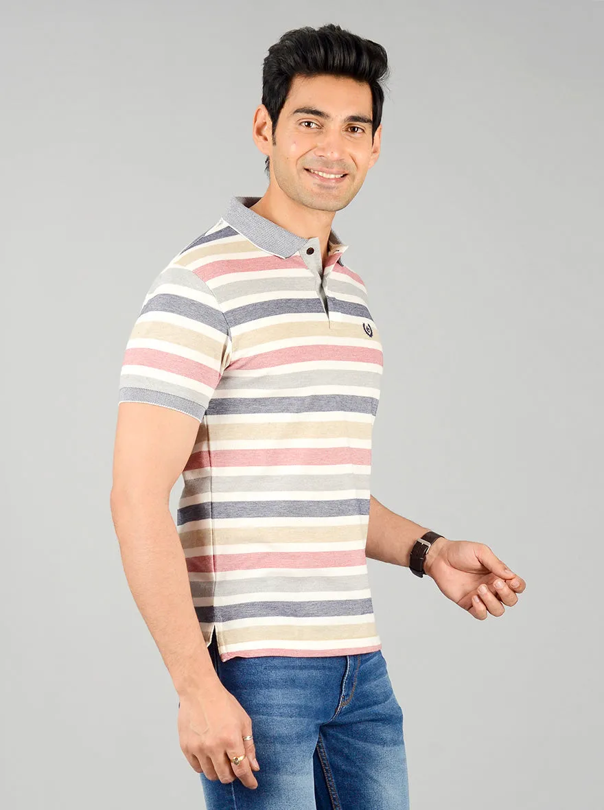 Light Grey Striped Slim Fit Polo T-shirt | Greenfibre