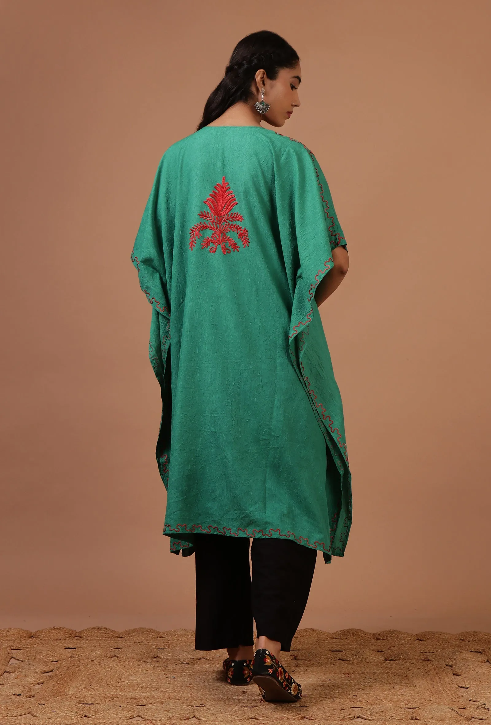 Light Sea Green Cotton Crush Ari Embroidered Kaftan- Free Size