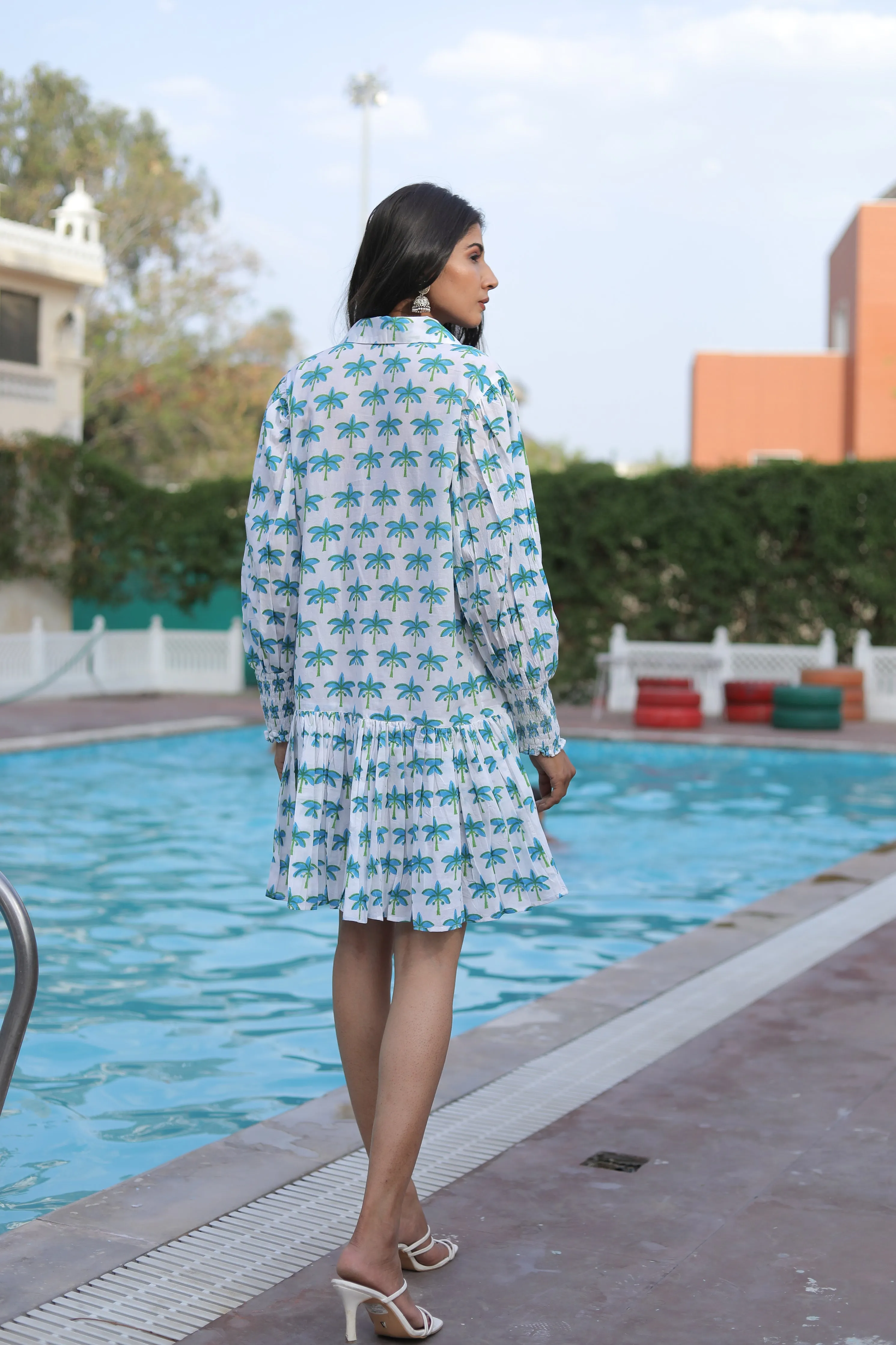 Long Blue Palm Sleeves on White Mini Cotton Dress