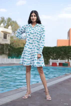 Long Blue Palm Sleeves on White Mini Cotton Dress