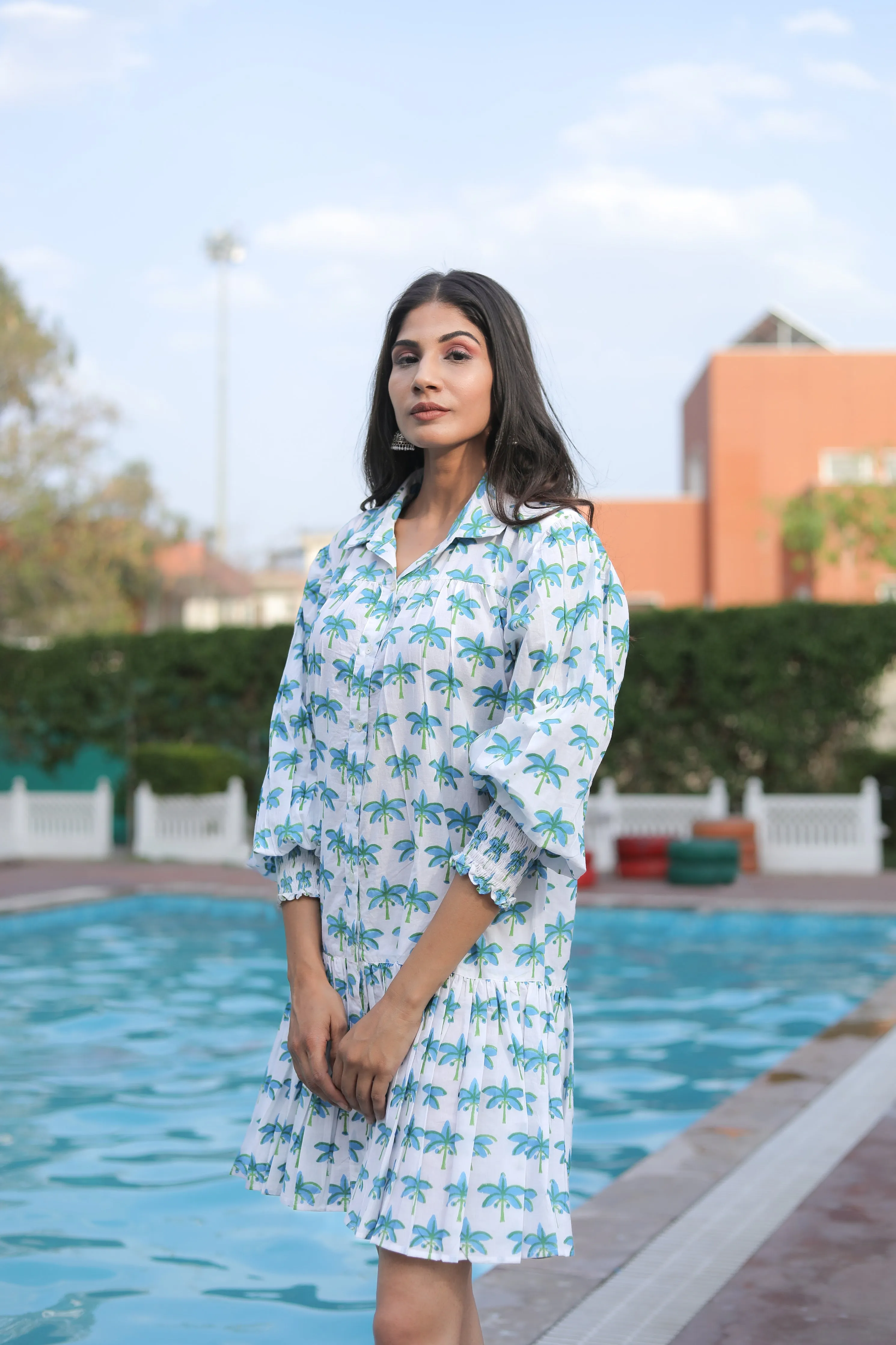 Long Blue Palm Sleeves on White Mini Cotton Dress