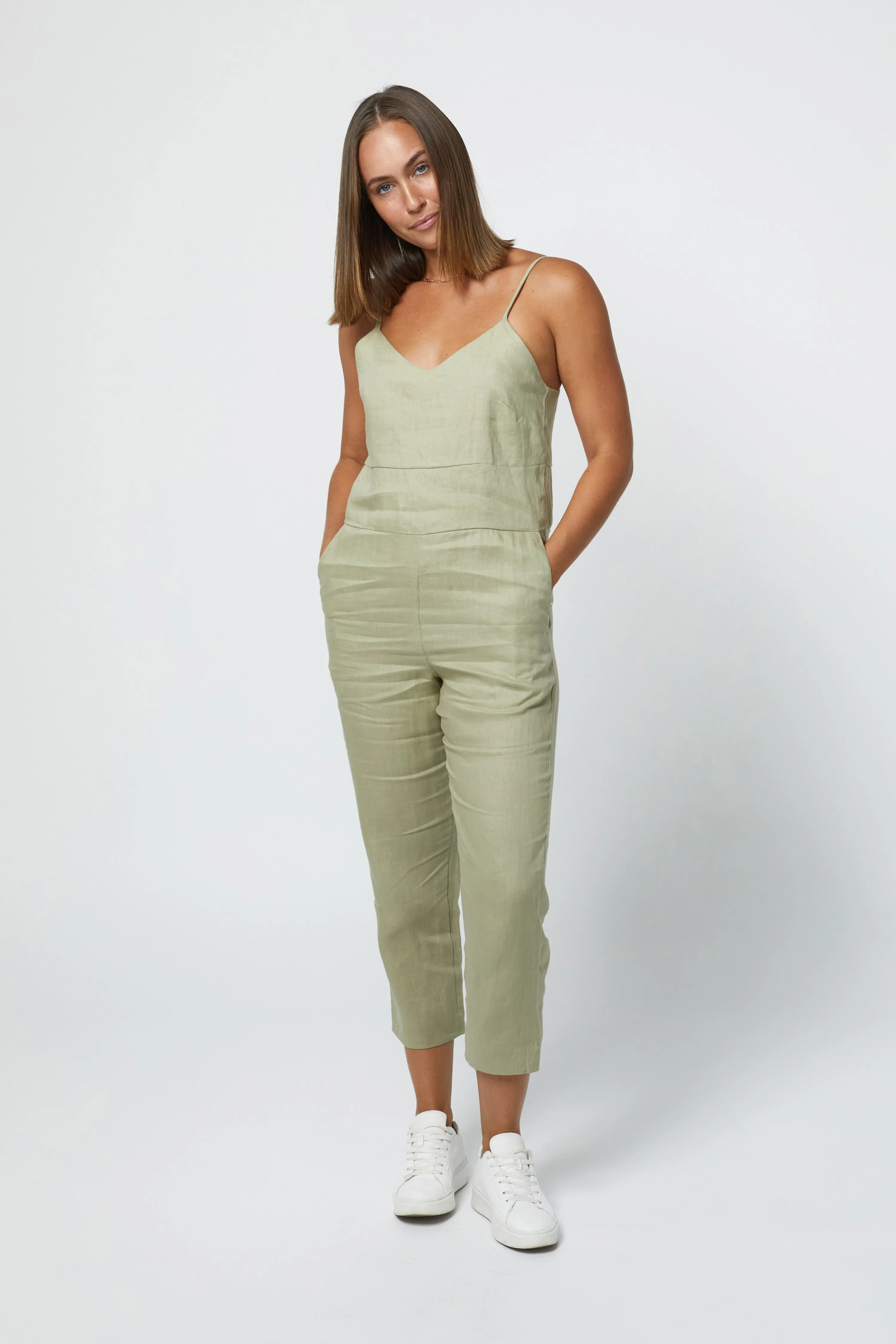 MARLEY LINEN JUMPSUIT - SAGE