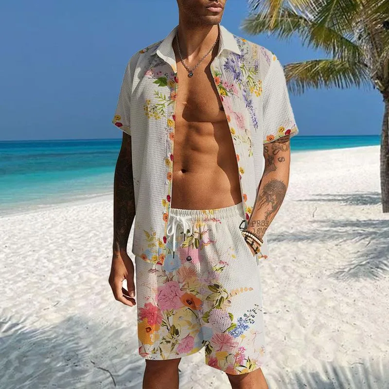 Men's Casual Waffle Print Shirt Resort Set 09258671YM