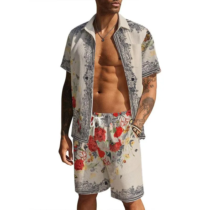 Men's Casual Waffle Print Shirt Resort Set 91182905YM