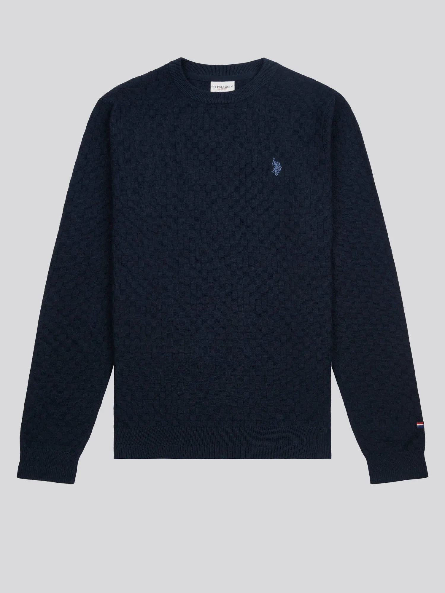 Mens Checkerboard Knit Crew Neck in Dark Sapphire Navy / Moonlight Blue DHM