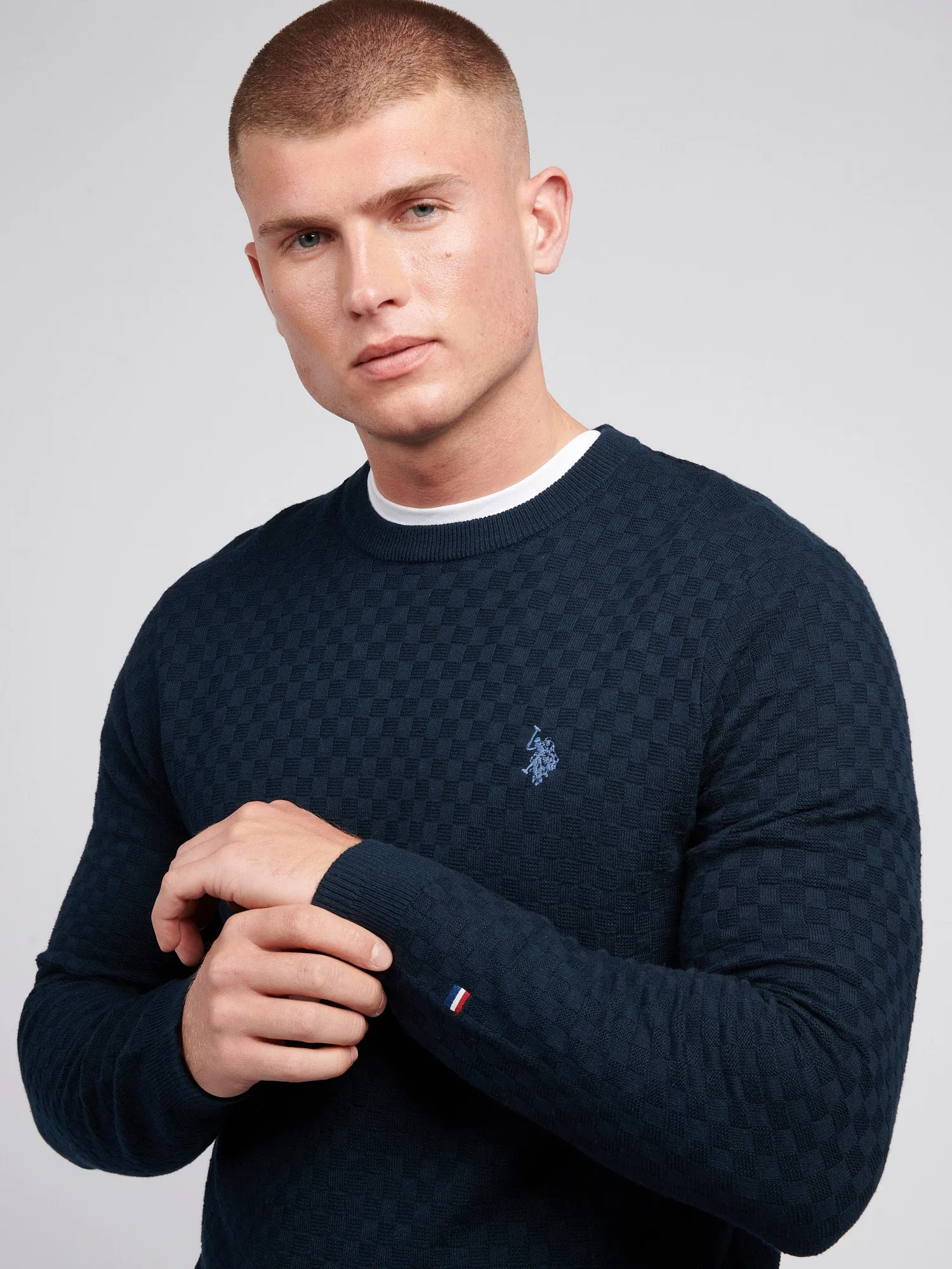 Mens Checkerboard Knit Crew Neck in Dark Sapphire Navy / Moonlight Blue DHM